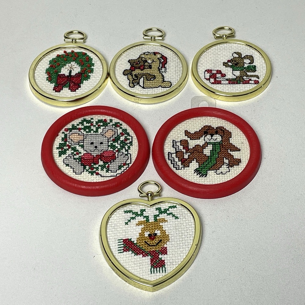 Vintage Cross Stitch Needlepoint Christmas Ornaments Red Gold Frames Lot of 6